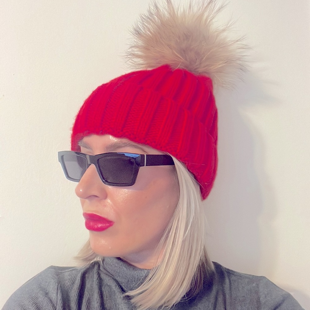 Red real fur Pom beanie